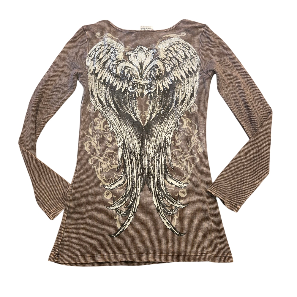 VOCAL Y2K LONG SEELVED ANGEL WING TEE WITH RHINESTONES SIZE SMALL - Picture 2 of 6